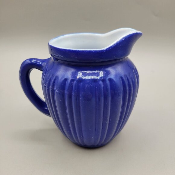 1940s Hazel Atlas Blue Platonite Glass Ribbed Creamer Pitcher Cased Glass - Picture 3 of 6